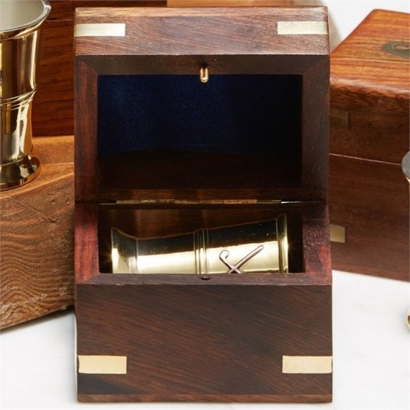 Brass Shot Glass in Wood Gift Box, Anchor Design, 4 Available - Picture 2 of 2